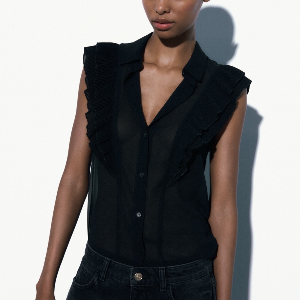 New ZARA Black Semj-Sheer Pleated Ruffle Button Blouse Sz Small
